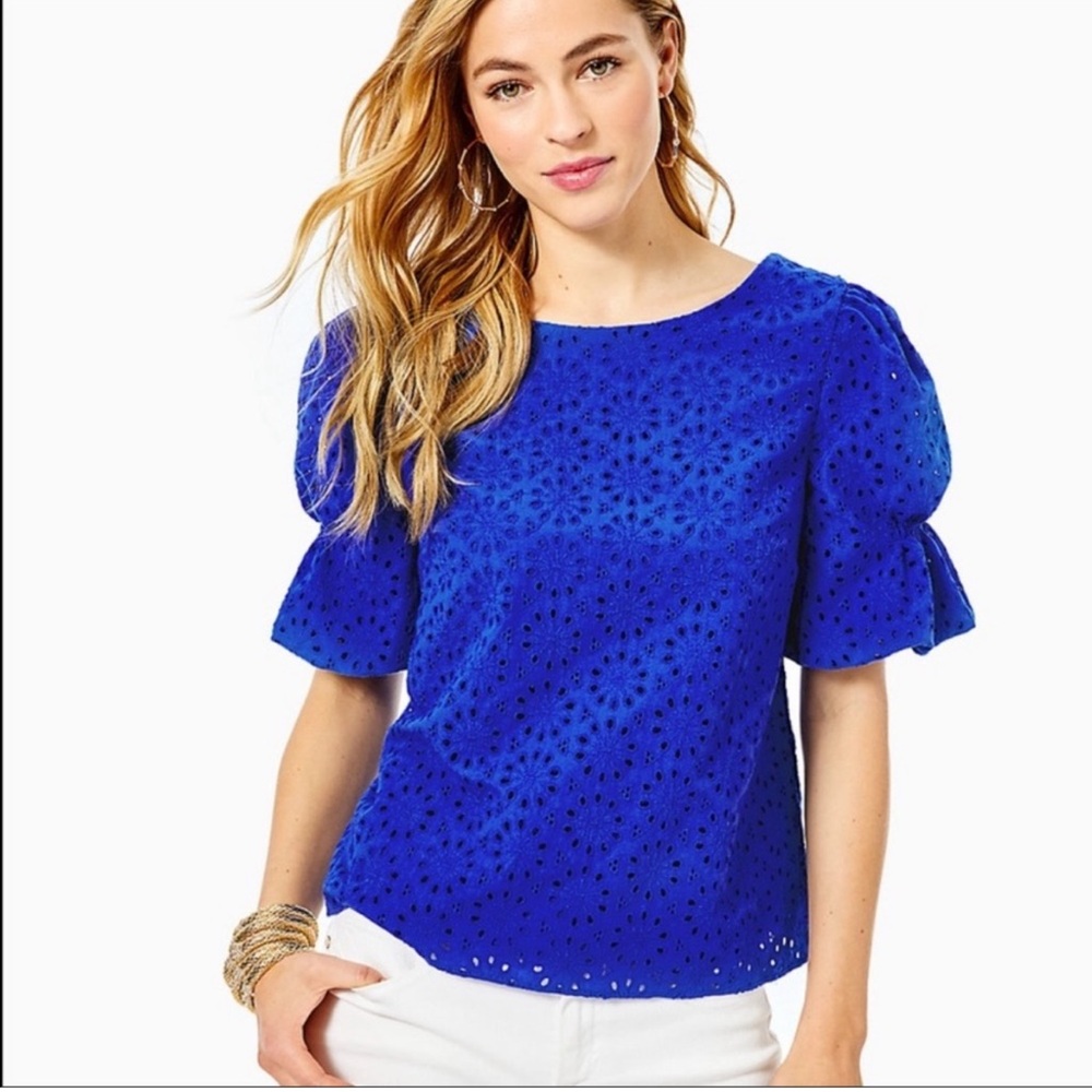 Lilly Pulitzer Shaila Top Baha Blue Eyelet Lined Blouse with puff sleeves Small